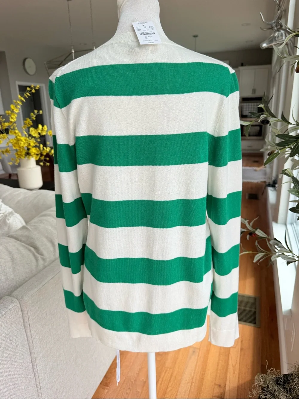 J. Crew Green and White Striped Scoop-Neck Sweater